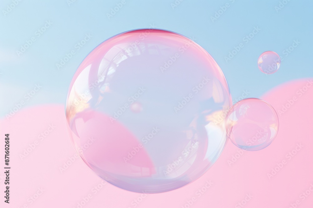 A large bubble, reflecting vivid and colorful lights, floats in front of a soft pink and blue background, creating a captivating and serene visual experience. A large bubble, reflecting vivid and colorful lights, floats in front of a soft pink and blue background, creating a captivating and serene visual experience.