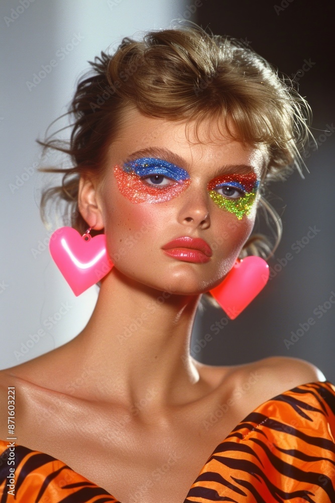 Fototapeta premium A close-up portrait of a woman with colorful, creative makeup, featuring glitter and bold eyeshadow, paired with large heart earrings, set against a studio backdrop, showcasing avant-garde fashion.