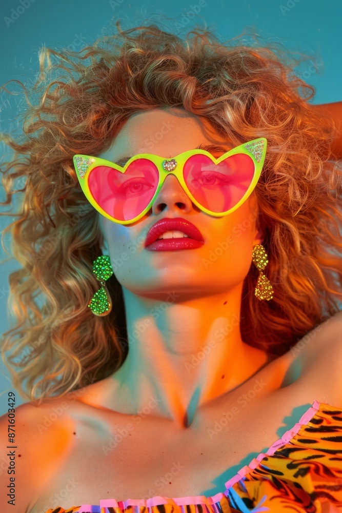 Fototapeta premium An individual is dressed in an eye-catching, vibrant outfit with striking green earrings, their wild curly blonde hair illuminated by colorful lighting, exuding playful elegance and creativity.