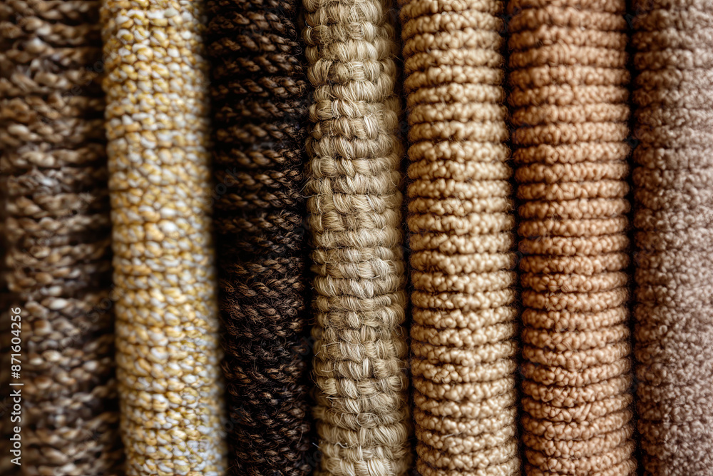 Various textured carpets in natural shades, displayed in vertical rows.. Various textured carpets in natural shades, displayed in vertical rows..