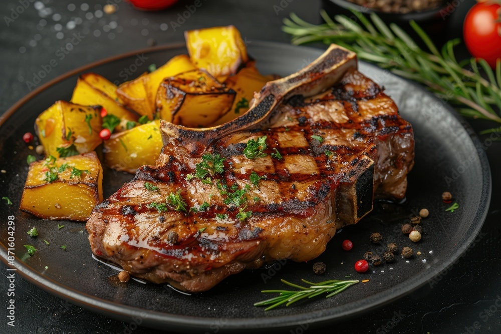 A steak with herbs and tomatoes on a plate A steak with herbs and tomatoes on a plate