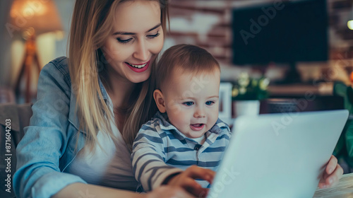Mother and baby interacting with a laptop at home, both smiling and enjoying the moment, with a cozy living room setting. Distant work and online training.