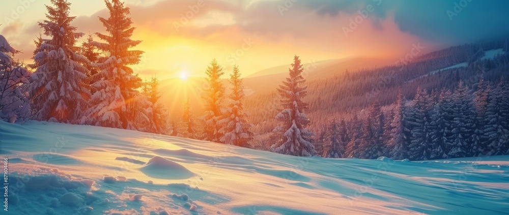 Beautiful winter sunset on the mountain with sunlight streaming through snow-covered trees. Beautiful winter sunset on the mountain with sunlight streaming through snow-covered trees.