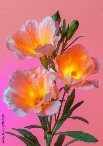 Stunning large flowers with delicate petals and glowing centers are artfully arranged against a pink background, marrying nature's elegance with an ethereal light source.