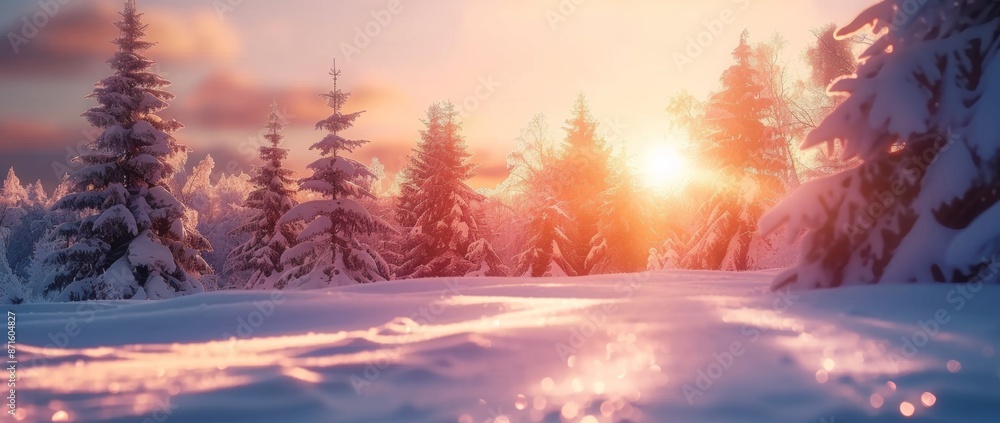 Beautiful winter sunset on the mountain with sunlight streaming through snow-covered trees. Beautiful winter sunset on the mountain with sunlight streaming through snow-covered trees.