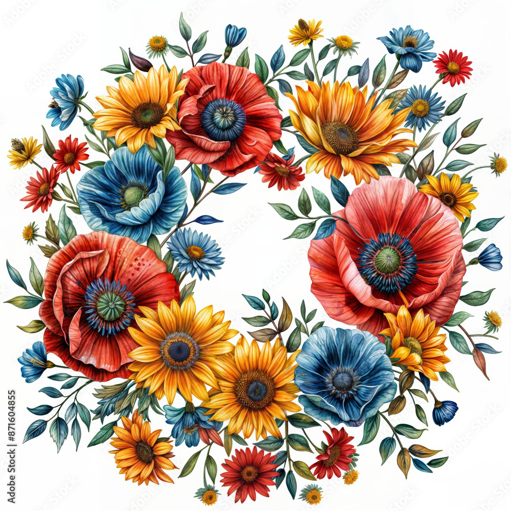 Oval frame with of red yellow watercolor popies,sunflowers,wildflowers ,Ukranian wreath with flowers Oval frame with of red yellow watercolor popies,sunflowers,wildflowers ,Ukranian wreath with flowers