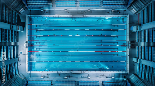 Top view of a swimming pool with spectators chairs