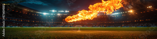 A torch flying like a meteor in a stadium at night, olympic toch banner or wallpaper photo