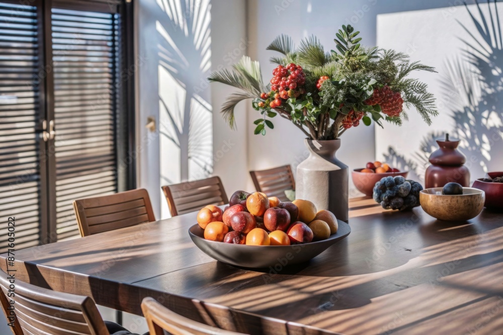 Modern interior lifestyle Mediterranean in summer scene, plant with fruit on table with light and shadow in dining room Modern interior lifestyle Mediterranean in summer scene, plant with fruit on table with light and shadow in dining room