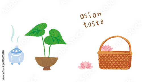 アジアンテイストなインテリア雑貨　木で編んだカゴと観葉植物と香炉