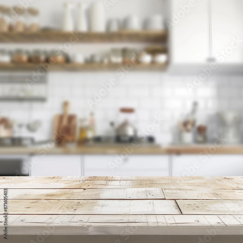 A kitchen with a wooden countertop and a view of the cabinets above it. The kitchen is well-stocked with various items, including a large number of cups and bowls. Concept of warmth and comfort