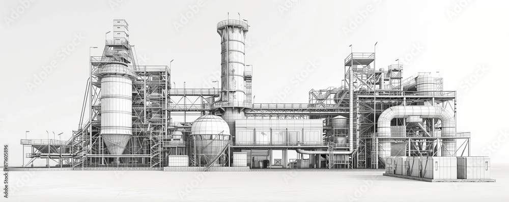 Industrial complex or factory illustration in black and white showcasing detailed structures and machinery for stock imagery. Industrial complex or factory illustration in black and white showcasing detailed structures and machinery for stock imagery.
