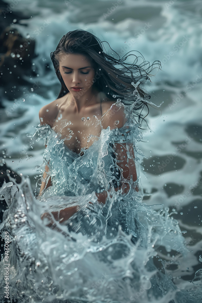 Obraz premium Beautiful woman in dress made of cold water and ice, winter rocky ocean shore background with cold water splashes flying around her, fantasy style, fashion photography, bright colors, soft light