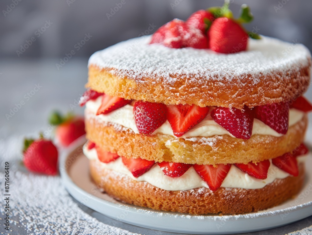 A cake with strawberries and powdered sugar on top. A cake with strawberries and powdered sugar on top.