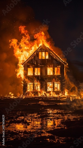 Three-Story Wooden House Ablaze with Crackling Fire, Casting Enchanting Orange and Yellow Flames Against the Dark Night Sky, High-Resolution AI-Generated Wallpaper，halloween © Da