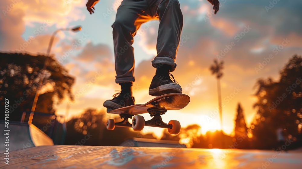Dynamic Kickflip at Sunset with Vibrant Colors and Copy Space Dynamic Kickflip at Sunset with Vibrant Colors and Copy Space