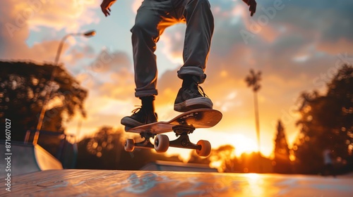 Dynamic Kickflip at Sunset with Vibrant Colors and Copy Space © Umut