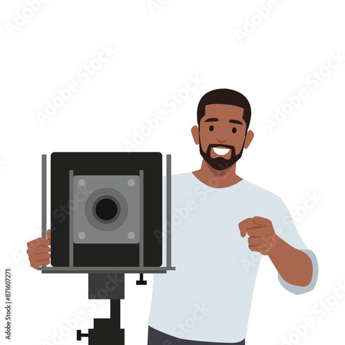 Young bearded man videographer filmmaker cinematographer dop. Flat vector illustration isolated on white background