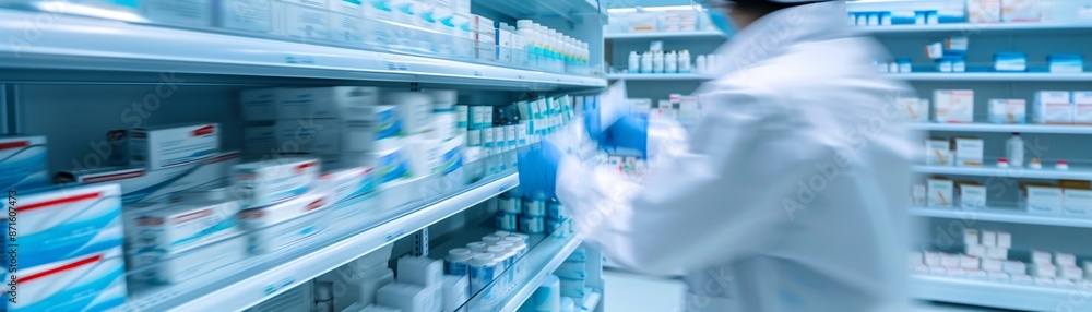 Editorial style image of a busy pharmacy warehouse, staff organizing medications for delivery, advanced logistics systems in action Editorial style image of a busy pharmacy warehouse, staff organizing medications for delivery, advanced logistics systems in action