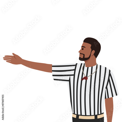 Young referee Blowing Whistle and Calling First Down On Play. Flat vector illustration isolated on white background