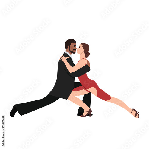 Couple of professional tango dancers in elegant suit and dress pose. Flat vector illustration isolated on white background