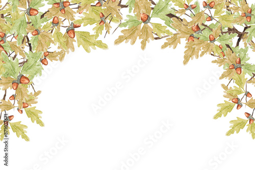 Watercolor illustration frame of acorns, branches and oak leaves, watercolor wreath of oak branches, watercolor hand drawing