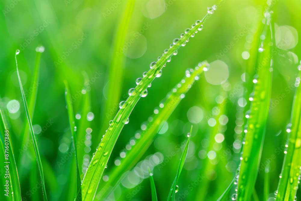 Naklejka premium Dewdrops on Blades of Grass in the Morning Sun