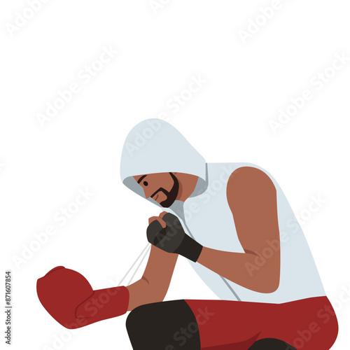 Young bearded male boxer puts on gloves. Flat vector illustration isolated on white background
