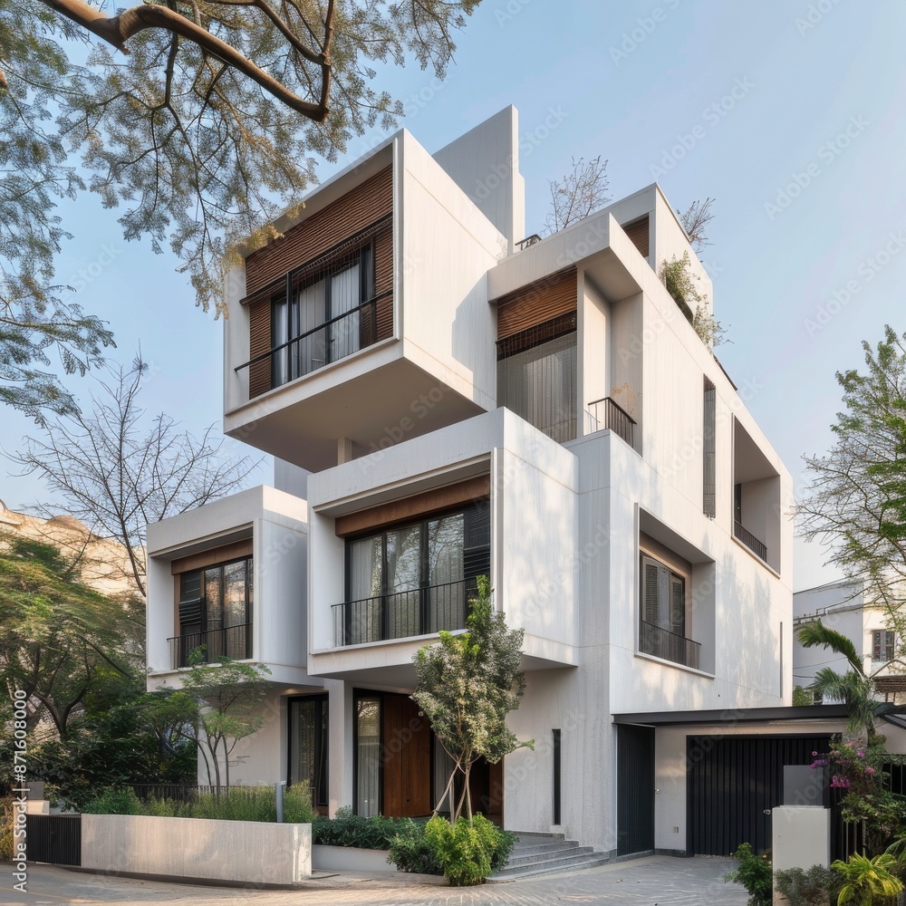 A white building with Indian architecture elements and a modernist architectural style features light gray walls and dark brown wood accents in a simple design. A white building with Indian architecture elements and a modernist architectural style features light gray walls and dark brown wood accents in a simple design.