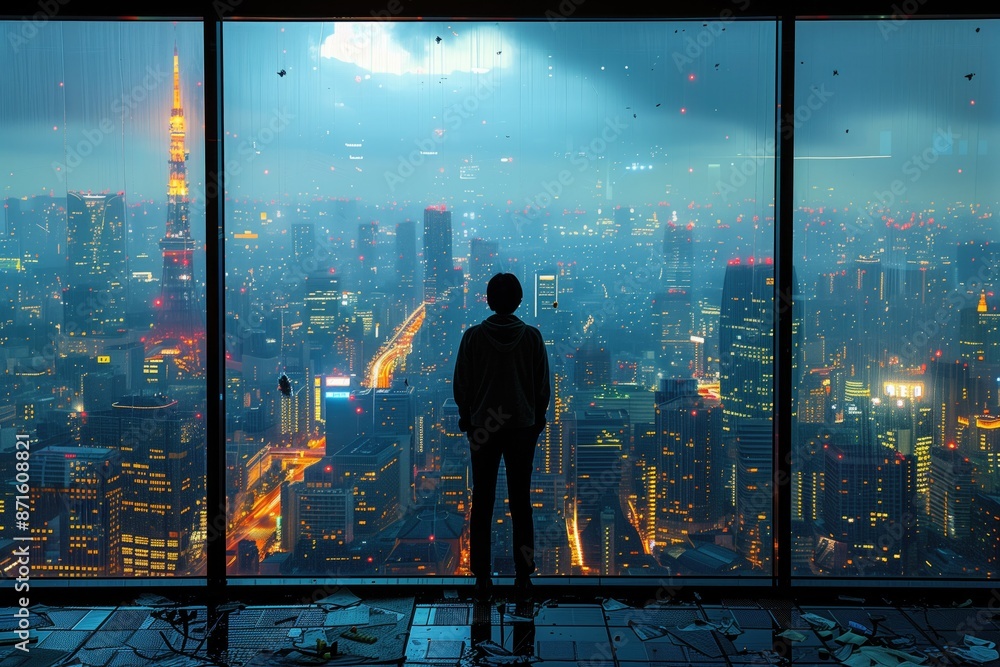Fototapeta premium A business professional standing by a large window, looking out at a bustling cityscape, representing the feeling of loneliness despite being surrounded by activity
