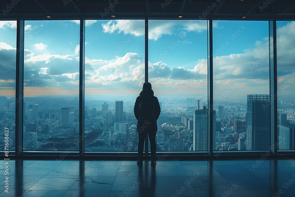 A business professional standing by a large window, looking out at a bustling cityscape, representing the feeling of loneliness despite being surrounded by activity A business professional standing by a large window, looking out at a bustling cityscape, representing the feeling of loneliness despite being surrounded by activity