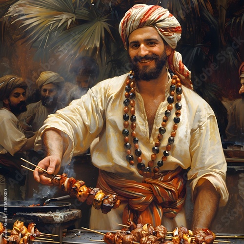 Middle Eastern Man Cooking Kebabs photo