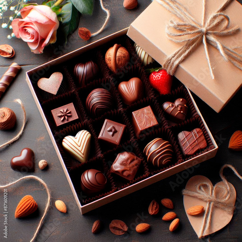 A set of festive chocolate sweets of various shapes and designs in a box. Top view