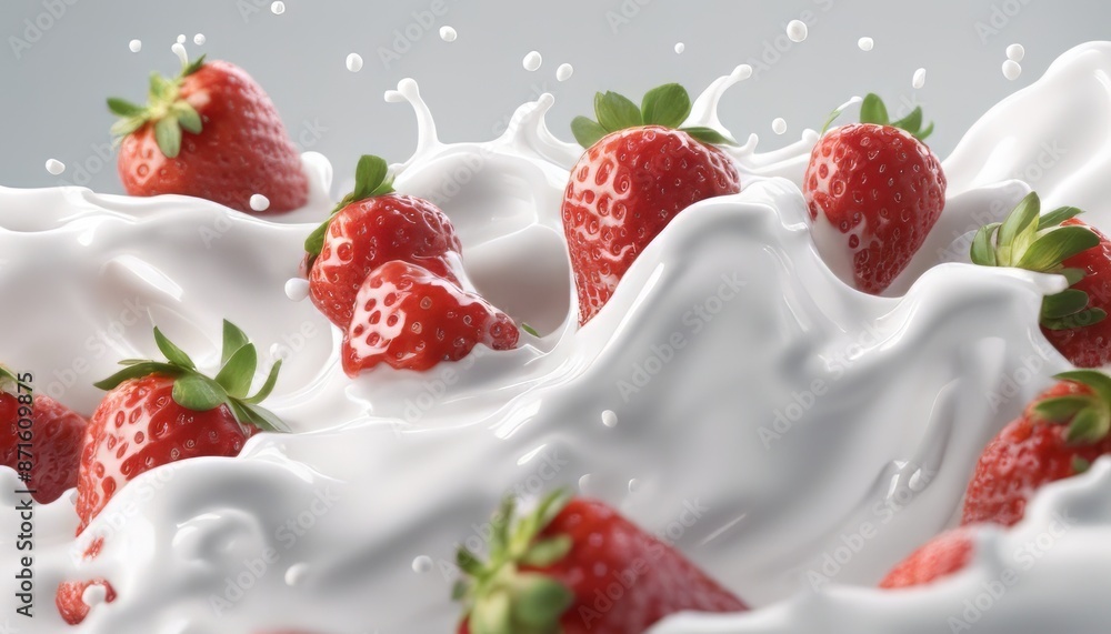 Milk or yogurt splash with strawberries isolated on white background 3d rendering Milk or yogurt splash with strawberries isolated on white background 3d rendering