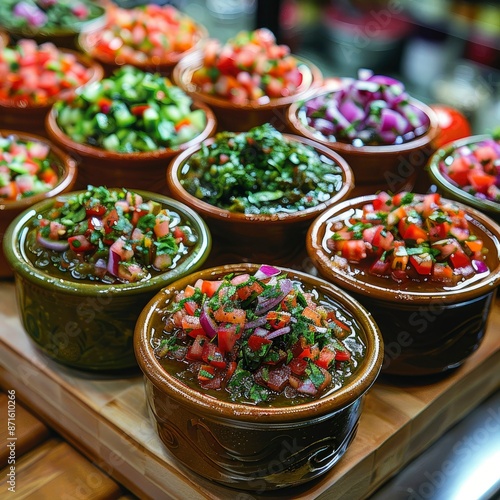 A visually stunning display of vibrant salsa verde, roja, and pico de gallo, each one bursting with fresh tomatoes, onions, cilantro, and jalape. The vibrant colors of the salsas create a mesmerizing 