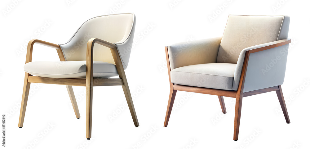 Two classic art deco armchairs in gray velvet with wooden legs on a transparent background. The concept of good and beautiful furniture. Two classic art deco armchairs in gray velvet with wooden legs on a transparent background. The concept of good and beautiful furniture.
