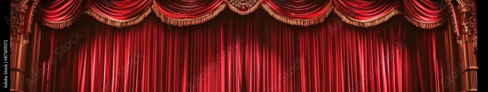Fototapeta premium Luxurious Red Velvet Theater Curtain on Stage, Ready to Unveil the Next Grand Performance, Graduation Speech, Award Ceremony, or Competition Winner Announcement in High-Resolution AI-Generated Wallpap