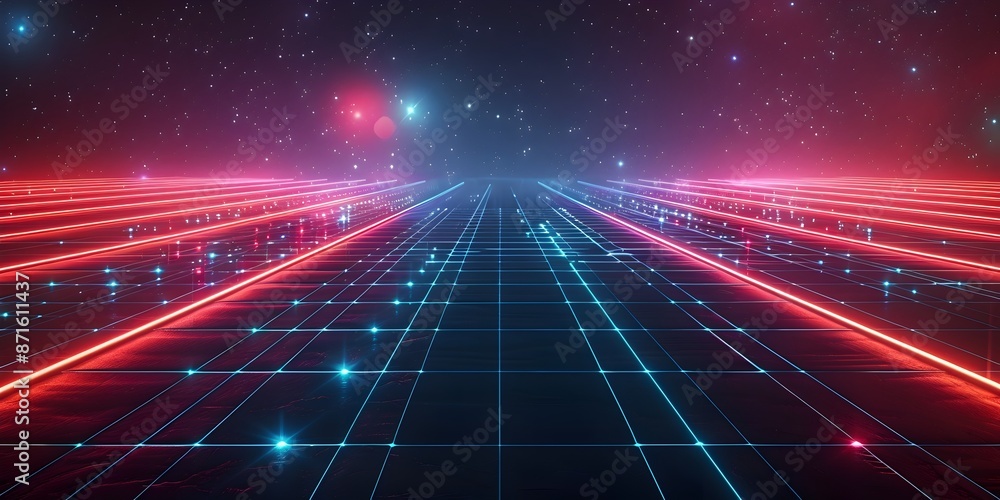 Vibrant Neon Grid Lines on Dark Backdrop in Retro 80s Style for Tech Gadget Concepts Vibrant Neon Grid Lines on Dark Backdrop in Retro 80s Style for Tech Gadget Concepts