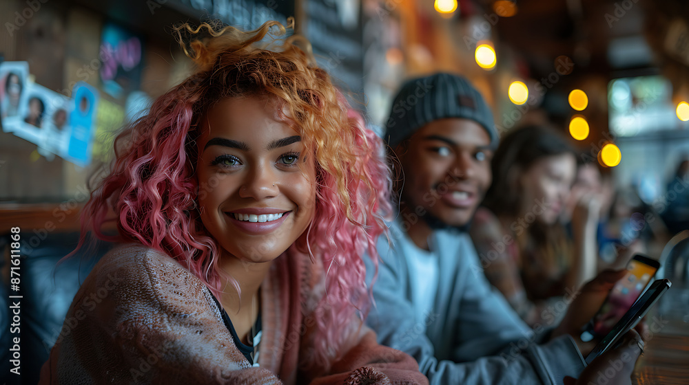 Obraz premium Smiling Friends Enjoying Quality Time at a Cozy Cafe
