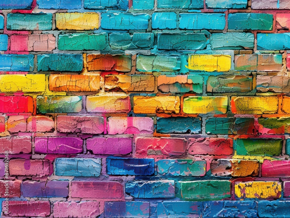 Fototapeta premium A colorful brick wall with a rainbow of colors.