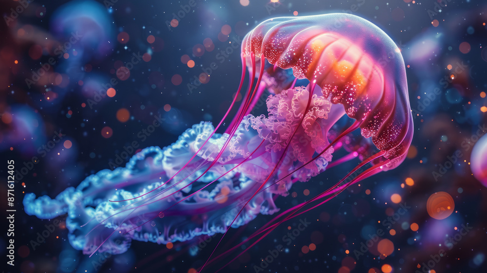 Obraz premium Glowing jellyfish with pink and purple hues in the ocean.