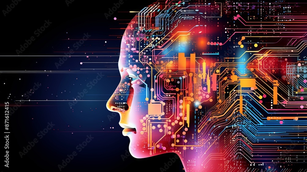 Abstract artwork of human head silhouette with circuit board design Abstract artwork of human head silhouette with circuit board design