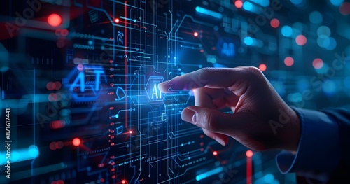 A hand touching an AI icon of digital security on the screen, symbolizing modern technology and data protection in business