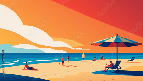 Vibrant Beach Sunset with Relaxing Vacationers and Sailing Boats