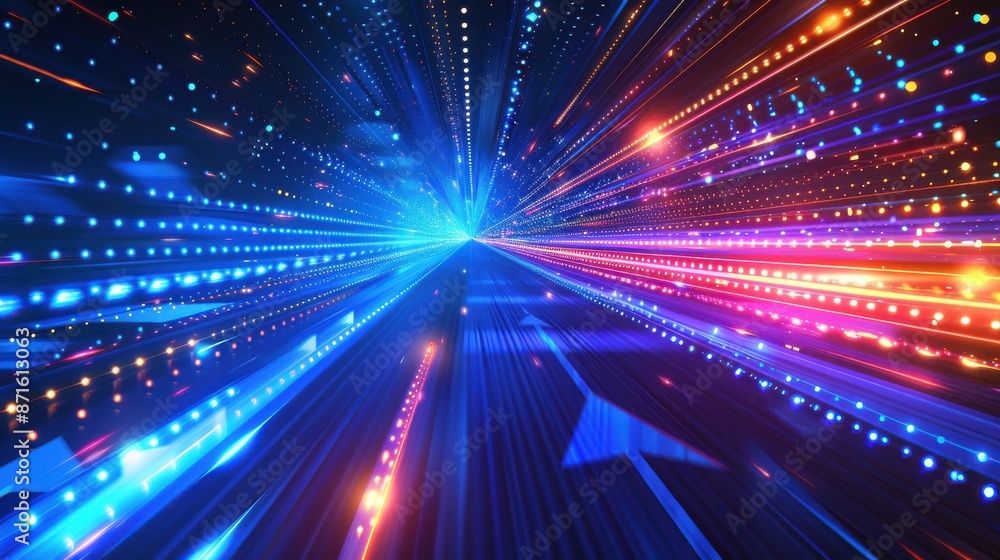 A colorful, swirling light display with a blue arrow in the middle A colorful, swirling light display with a blue arrow in the middle
