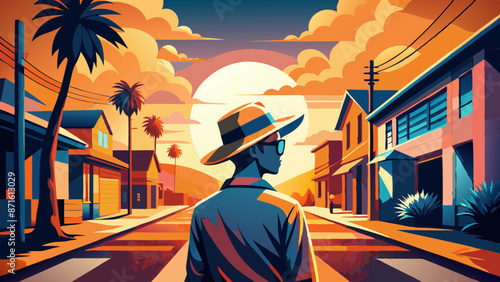 Stylish Man Walking Down Sunset Boulevard Amidst Palm Trees