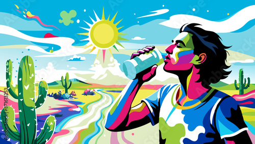 Vibrant Pop Art Illustration of Person Hydrating in Desert
