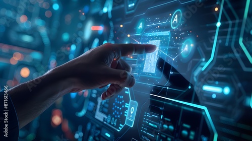 A hand touching an AI icon of digital security on the screen, symbolizing modern technology and data protection in business
