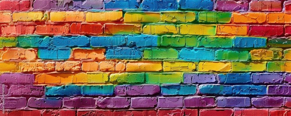 Fototapeta premium A colorful brick wall with a rainbow of colors.