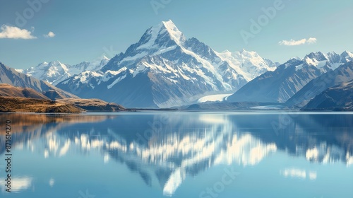 Majestic Snow-Capped Mountains Reflecting in Pristine Lake Under Clear Blue Sky 